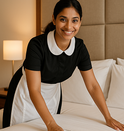 Housekeeper making a bed